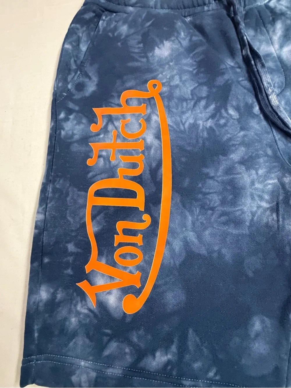 Von Dutch Men’s Tie-Dye Navy Shorts with Orange Logo